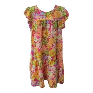 Haptics | Lime&Pink Floral Print | Ruffle Tiered, Capped Sleeve Dress | Small ♥️